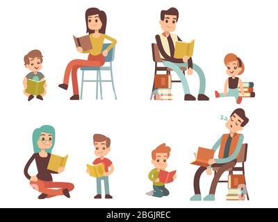 Des livres de lecture pour adultes et enfants de personnages de dessins animés isolés sur fond blanc. Illustration vectorielle Illustration de Vecteur