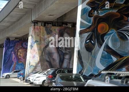 Murale sous un pont ferroviaire traversant la Brisbane River, Brisbane, Queensland, Australie. Banque D'Images