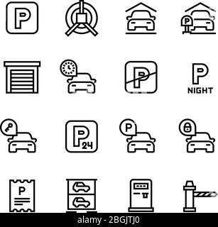Icônes de stationnement. Symboles vectoriels de garage et de ligne de stationnement. Parking de service automobile, illustration du stationnement de zone place Illustration de Vecteur