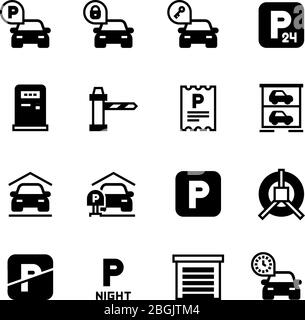 Icônes vectorielles de voiture de stationnement. Symboles de zone de stationnement isolés. Illustration de la zone et de la zone du parc, place pour voiture Illustration de Vecteur