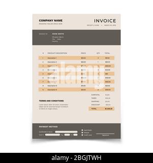 Modèle de facture. Formulaire de facturation avec table de données et taxe. Création de documents vectoriels de comptabilité. Illustration du compte de facture, commande de formulaire de financement Illustration de Vecteur