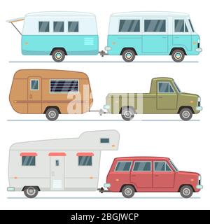 Véhicules de camping, maisons mobiles de voyage, remorques de camping familiales, véhicules de camping-car vecteur isolé. Véhicule de remorque de voiture avec illustration de maison Illustration de Vecteur