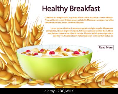 Bannière de petit déjeuner sain ou arrière-plan ou concept vectoriel de page Web avec des objets realstic - bol, céréales, illustration cornflakes Illustration de Vecteur