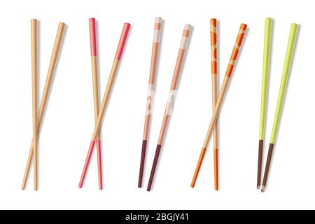 Baguettes. Bâtonnets de nourriture asiatiques en bois. Illustration vectorielle isolée de la clôture des aliments chinois en bambou. Tirez sur le bois pour dîner asiatique Illustration de Vecteur