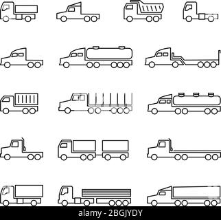 Icônes de ligne du chariot. Remorques de livraison, camions de fret, camions et camionnettes. Les symboles isolés sont représentés par des vecteurs de transport. Camionnette, camion de benne pour illustration de fret de fret Illustration de Vecteur