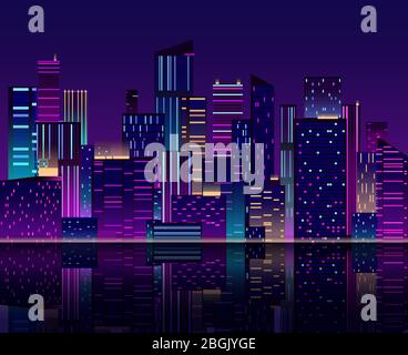 Nuit ville horizon. Gratte-ciel avec lumières au néon. Paysage urbain avec bâtiments. arrière-plan vectoriel rétro des années 80. Panorama de la ville, architecture paysage urbain illustration du paysage Illustration de Vecteur
