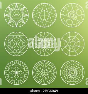 Pentagrammes géométriques ésotériques blancs. Symboles spirituels sacrés mystiques vectoriels sur illustration de fond blarée Illustration de Vecteur