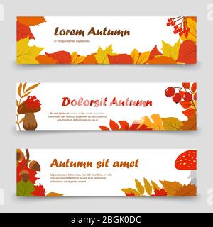 Bannières d'octobre. Feuilles dorées d'automne sur des bannières horizontales affiches de set. Illustration vectorielle Illustration de Vecteur