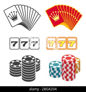 Design des accessoires de casino. Cartes de jeu et jetons noirs et colorés isolés sur fond blanc. Illustration vectorielle Illustration de Vecteur