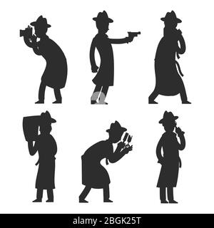 Silhouettes détectives isolées sur blanc. Illustration vectorielle silhouettes policeman. Enquêteur de la police des détectives, inspecteur privé Illustration de Vecteur