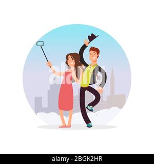 Un couple heureux qui fait du selfie. Personnage de dessin animé homme et femme faisant la photo isolée sur blanc. Illustration vectorielle Illustration de Vecteur