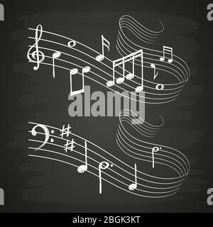 Craie croquis onde sonore musicale avec notes musicales sur tableau noir isolé. Illustration vectorielle Illustration de Vecteur