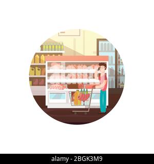 Homme de dessin animé dans un magasin alimentaire ou une bannière vectorielle de supermarché isolée sur une illustration blanche Illustration de Vecteur