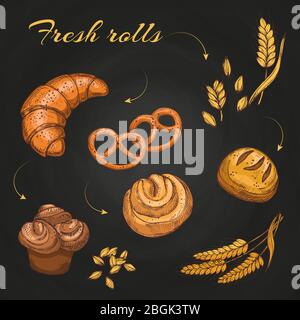 Rouleaux et petits pains sur tableau noir. Modèle vectoriel de menu de café de boulangerie de tableau de surveillance. Illustration de la pâtisserie et de la boulangerie, du pain et des rouleaux alimentaires Illustration de Vecteur