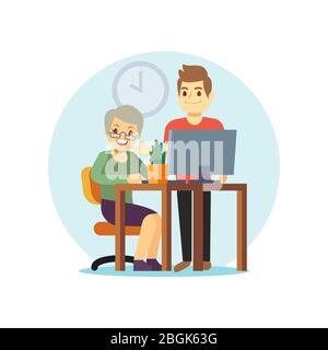 Ordinateur jeune homme et vieille femme. Grangma et petit-fils et technologies modernes. Illustration vectorielle Illustration de Vecteur