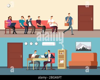 Les gens d'affaires, les employés assis sur des chaises en rangée, en attente d'entrevue. Candidat et intervieweur au bureau. Concept de vecteur de recrutement. Employé de recrutement, illustration du candidat du personnel Illustration de Vecteur