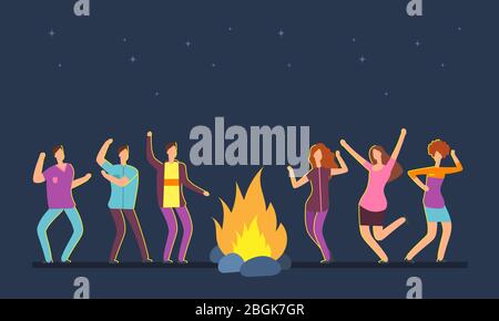 Des gens heureux dansent en groupe au feu de camp. Concept de dessin animé vectoriel de camping de festival de musique. Dansez les gens autour du feu, illustration de flamme de nuit Illustration de Vecteur