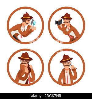 Jeu de vecteurs avatars détectifs de dessin animé. Illumation de l'enquêteur de police, inspecteur privé Illustration de Vecteur