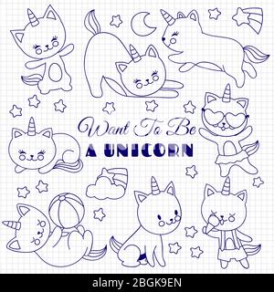 Des chats mignons comme un ensemble vectoriel unicorn. Chatons de dessin animé sur la page de bloc-notes de l'école. Illustration du dessin de chat unicorn, sourire animal drôle Illustration de Vecteur