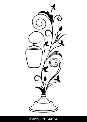 Pochoir noir de lampe de table décorative avec feuilles isolées sur fond blanc, logo vectoriel icône Illustration de Vecteur