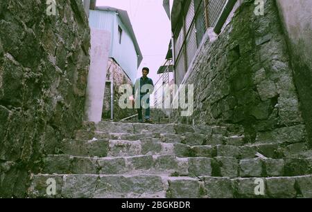 Sentier incroyable depuis les marches en pierre si ancien à Song Lo montée, Da Lat, Viet Nam, promenade d'impression de vieux rocher Banque D'Images