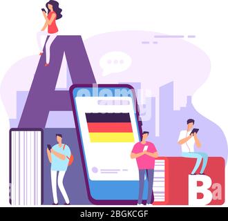 Apprendre la langue étrangère. Étudier et enseigner les langues. Concept vectoriel de l'éducation avec dictionnaire, personnes et manuels. Formation avec dictionnaire Illustration de Vecteur