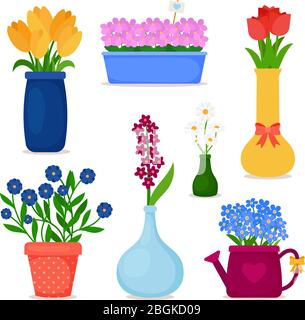 Fleurs printanières en pots et fleurs en vase. Icônes vectorielles de bouquet. Illustration de Vecteur