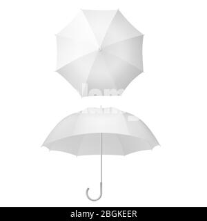 Parapluie blanc et parasols réalistes isolés sur blanc. Modèle de maquette de parasols ouverts. SPE 10 Illustration de Vecteur