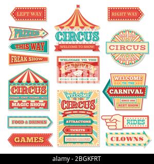 Vieux cirque carnaval bannières et étiquettes carnaval ensemble vectoriel. Festival Circus, bannière fléchée vers l'illustration du divertissement Illustration de Vecteur