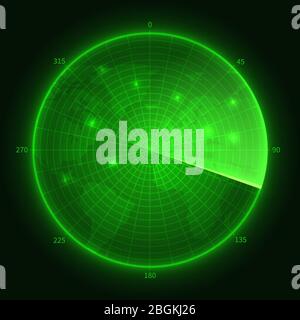 Radar vert. Sonar sous-marin marine avec objectifs. Illustration vectorielle de l'écran de navigation. Écran du sondeur militaire, lecteur du système numérique du moniteur radar Illustration de Vecteur