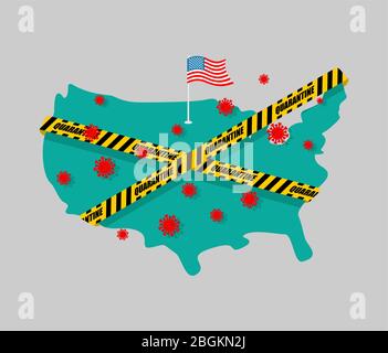 Les États-Unis sont emballés dans une bande d'avertissement jaune quarantaine. Carte des Etats-Unis épidémie de Coronavirus dans le monde. Éclosion de pandémie de Covid-19. Catastrophe mondiale Illustration de Vecteur