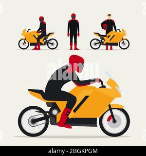 Le motard avec moto dans différentes poses illustration vectorielle plate. Motocycliste Illustration de Vecteur