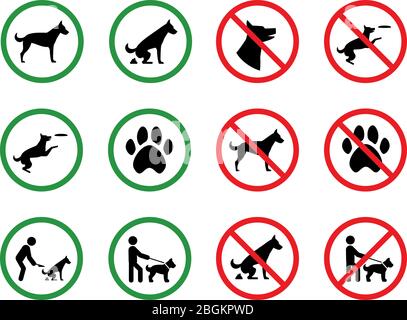 Signes interdits pour chien. Autorisation et restriction des chiens de parc silhouette signalisation vectorielle. Illustration de la marche et de la crap de chien limités Illustration de Vecteur