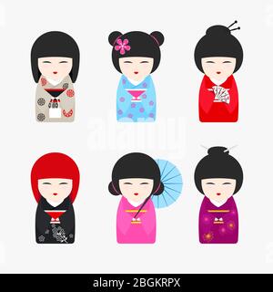 Icônes japonaises de Kokeshi Dolls. Les filles asiatiques Kawaii portent un kimono sur fond blanc. Illustration vectorielle Illustration de Vecteur