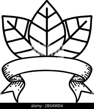 tatouage de dessin au trait noir traditionnel avec bannière de feuille Illustration de Vecteur