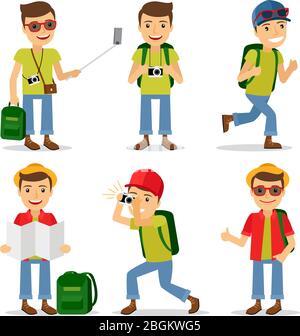 Personnage touristique avec appareil photo, sac à dos et lunettes de soleil. Illustration vectorielle. Illustration de Vecteur