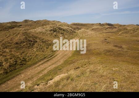 Piste large à travers les dunes couvertes d'herbe dans la réserve naturelle de Merthyr Mawr Banque D'Images