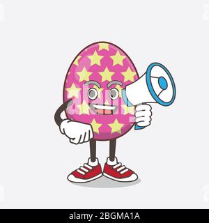 Une illustration du personnage de mascotte de dessin animé des œufs de Pâques contenant un mégaphone Banque D'Images