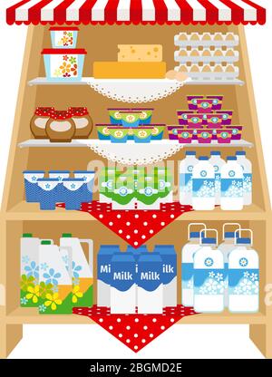 Produits laitiers sur les étagères de magasins. Lait et yaourt, fromage et crème Illustration de Vecteur