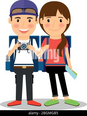 Couple Backpackers. Jeune couple souriant de touristes avec appareil photo et carte touristique. Illustration vectorielle Illustration de Vecteur