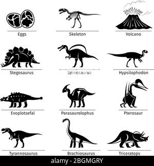 Icônes de dinosaures vectorielles. Œufs et volcan de dinosaures, squelette de dinosaure et icônes de tyrannosaure Illustration de Vecteur