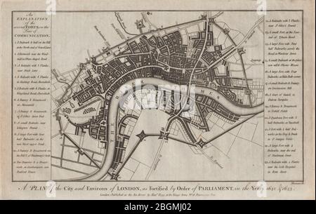 Londres, fortifiée par le Parlement en 1642/3. Guerre civile. THORNTON 1784 ancienne carte Banque D'Images