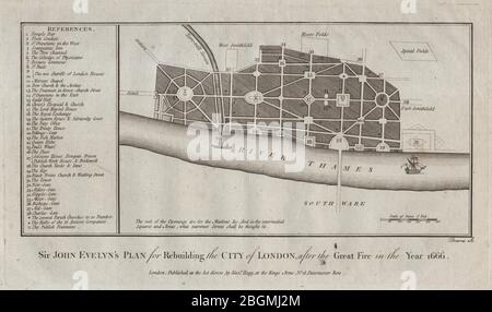 Plan de reconstruction de la ville de Londres d'Evelyn après le feu de 1666. THORNTON 1784 carte Banque D'Images