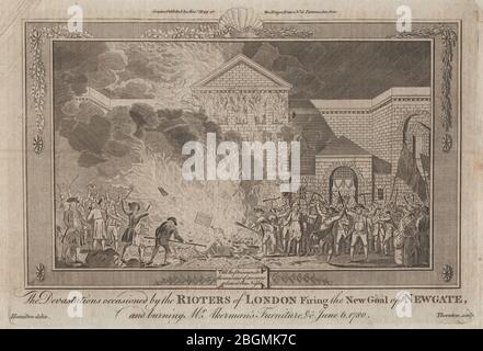 Gordon émeutes 1780. La prison de Newgate et le mobilier d'Akerman sont en feu. Londres 1784 Banque D'Images