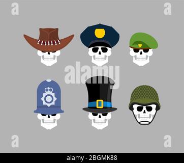 Jeu de crânes en chapeaux. Béret vert et cylindre chapeau. Cowboy et policier. Aristocrate et shérif britannique. Tête de squelette Illustration de Vecteur