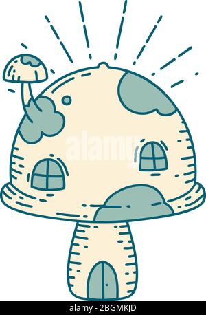 illustration d'une maison traditionnelle de toadstool de style tatouage Illustration de Vecteur