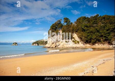 Kaiteriteriteri Beach, parc national Abel Tasman, Nouvelle-Zélande. Sable doré et belle mer turquoise. Banque D'Images