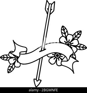 tatouage de dessin au trait noir traditionnel avec bannière d'une flèche Illustration de Vecteur