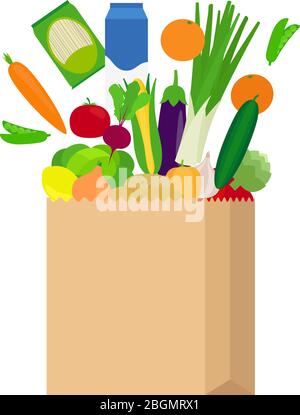 Sac en papier avec produits alimentaires frais de style plat sur illustration vectorielle d'arrière-plan blanche Illustration de Vecteur