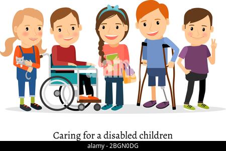 Enfants handicapés ou enfants handicapés avec des amis. Enfants ayant des besoins spéciaux illustration vectorielle Illustration de Vecteur